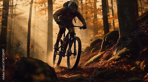 Man practicing mountain biking in the forest. © hamad