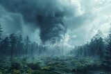 The meeting point of a tornado and a forested area, depicting the collision of destructive winds and wooded landscapes. Concept of tornado damage to natural habitats. Generative Ai.