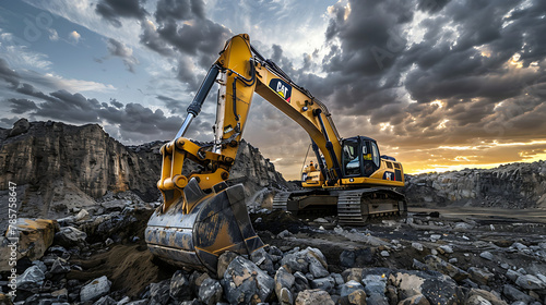  a large, yellow excavator situated on a rugged terrain. The excavator appears well-used, with visible wear and dirt. Its extended arm reaches toward the ground