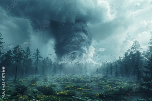 The meeting point of a tornado and a forested area, depicting the collision of destructive winds and wooded landscapes. Concept of tornado damage to natural habitats. Generative Ai. © Sebastian