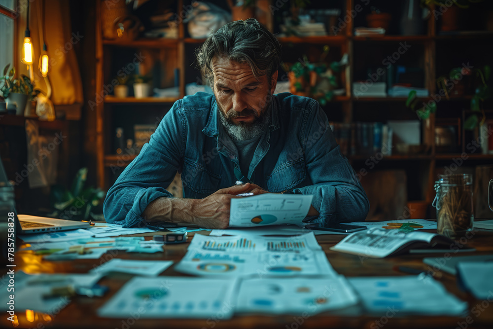 A businessman studying financial charts and graphs in a boardroom, strategizing for future investments. Concept of corporate finance planning. Generative Ai. A businessman studying financial charts and graphs in a boardroom, strategizing for future investments. Concept of corporate finance planning. Generative Ai.