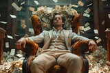The scene portrays a well-dressed man in vintage attire sitting in an ornate chair with money flying around him
