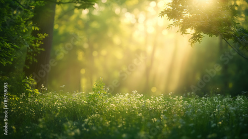 A serene dawn breaks as warm sunlight filters through the vibrant green leaves of a lush garden, heralding a new day - springtime background - Generative AI