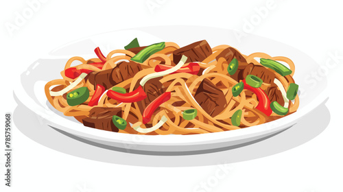 Asian stir fried noodles with beef peppers and onions © Ayyan