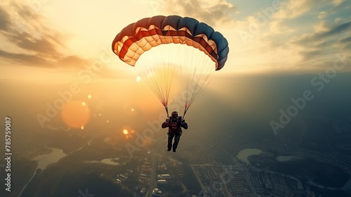 Parachuting. Paratroopers or parachutist free-falling and descending with parachutes. Action sport. photo