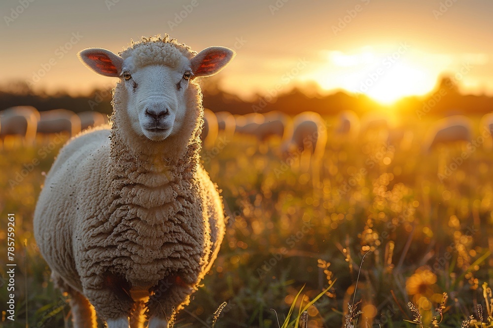 A serene scene of a sheep staring directly into the camera while the herd grazes in the background at sunset, the golden hour light creating a peaceful ambiance A serene scene of a sheep staring directly into the camera while the herd grazes in the background at sunset, the golden hour light creating a peaceful ambiance