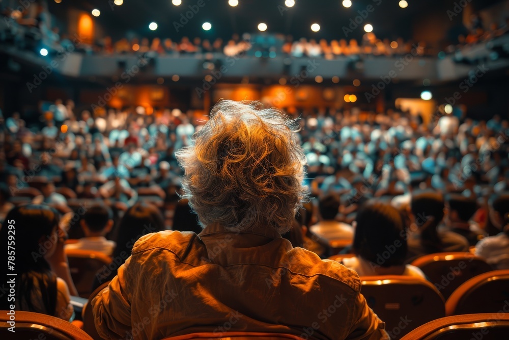 A vivid, high-contrast image of a single audience member seen from the back, watching an event in a packed auditorium