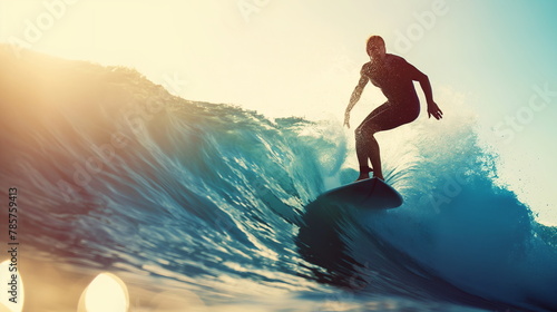 A surfer rides a cresting wave under the warm glow of a setting sun, skillfully maneuvering the board on the oceans surface - Generative AI © chris3d