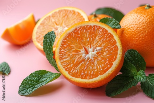 Artistic composition of sliced fresh oranges and mint leaves on a soft pink background