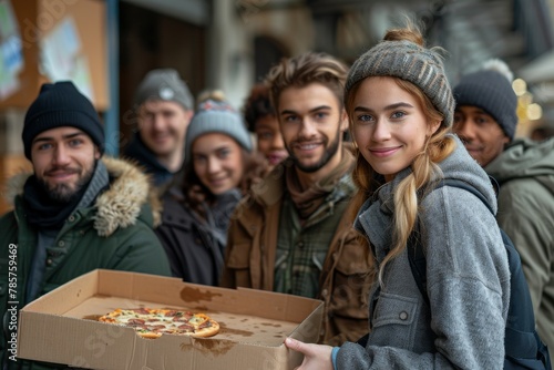 Smiling friends share a pizza outdoors, bundled up against the cold with warm hats and coats