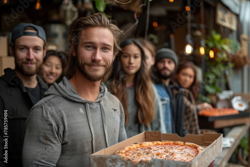 Confident young man in casual attire holding a pizza box with friends smiling in the bakery background
