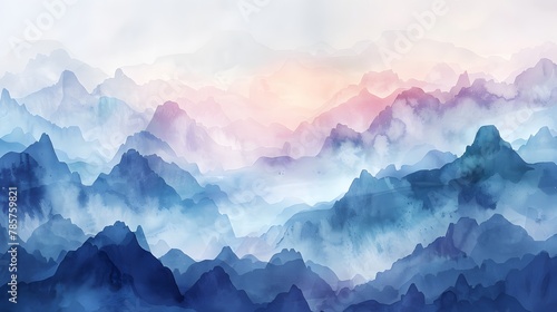 watercolor background illustration landscape with mountains photo