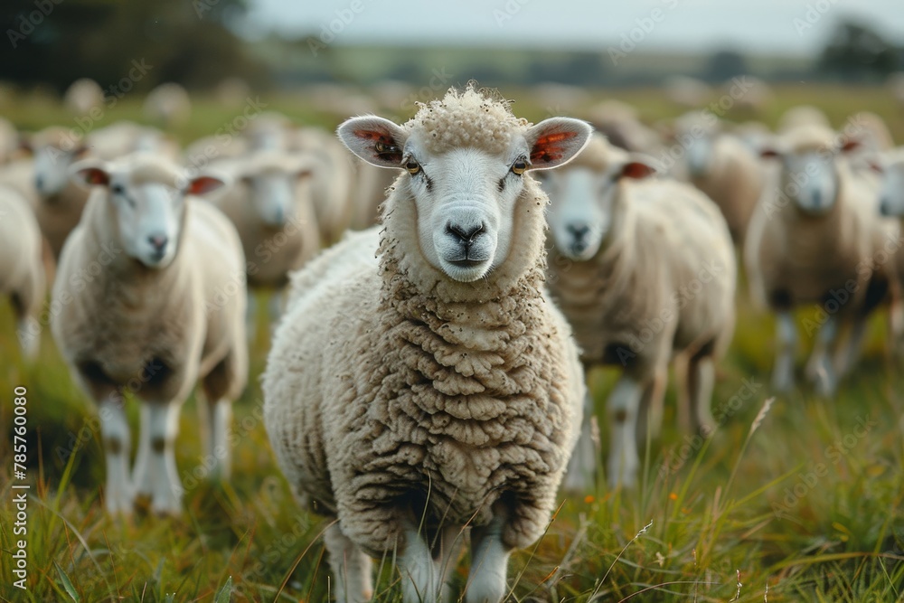 The focused portrait of a leader sheep with a crown of wool, while the rest of the flock fades in the background, showcasing leadership