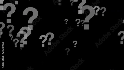 White question marks falling down on black alpha background