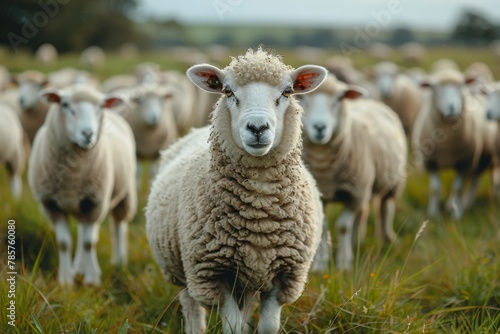The focused portrait of a leader sheep with a crown of wool, while the rest of the flock fades in the background, showcasing leadership © Larisa AI
