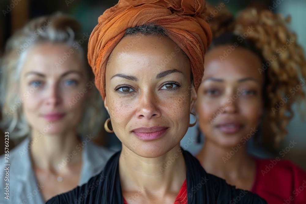 Three diverse middle-aged women lined up with focus on the central person wearing a headwrap Three diverse middle-aged women lined up with focus on the central person wearing a headwrap