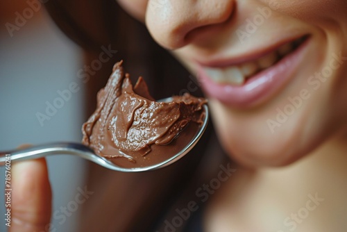 Macro shot of a woman delighting in a spoonful of rich chocolate mouss photo