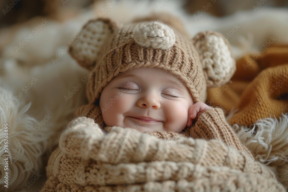 Warm dressed teddy bear in soft knitted attire snuggling within cozy woolen fabric layers Warm dressed teddy bear in soft knitted attire snuggling within cozy woolen fabric layers