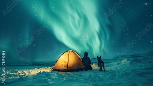Ethereal Northern Lights Dance Above Snow-Clad Wilderness, Illuminating Man and Dog's Silent Vigil by Tent