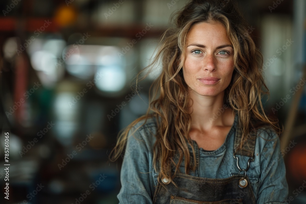 Woman with long wavy hair and confident gaze standing in a workshop with an overalls attire