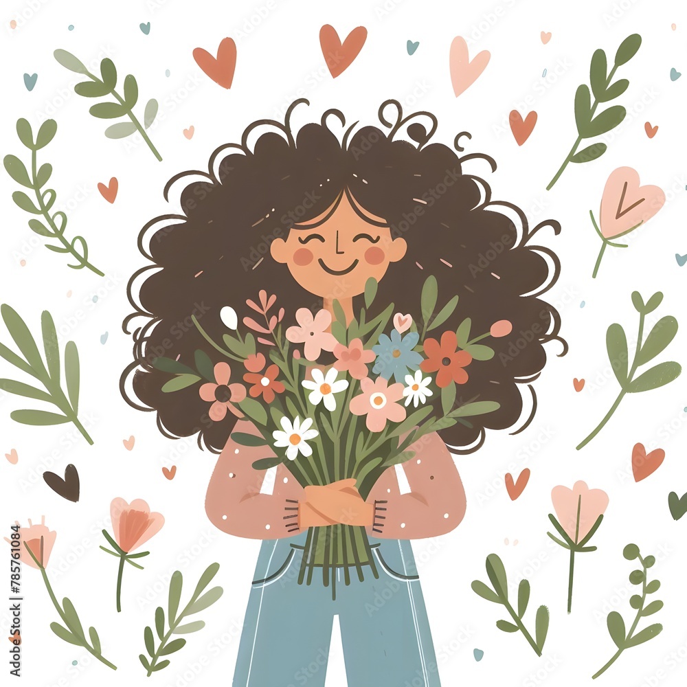 illustration of a girl happy with curly hair holding a bunch of flowers illustration of a girl happy with curly hair holding a bunch of flowers