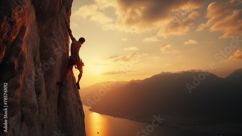 Rock climber in the evening a young man of Caucasian descent ascends a difficult route on an overhanging cliff.