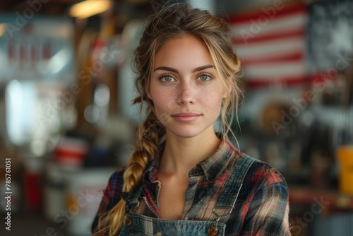 Wallpaper Mural Close-up portrait of a young woman with a braid wearing a plaid shirt, with a look of understated confidence Torontodigital.ca