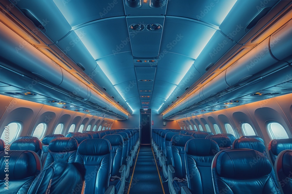 A serene and unoccupied airplane cabin lit with an ethereal blue light, showcasing the rows of seats and overhead compartments A serene and unoccupied airplane cabin lit with an ethereal blue light, showcasing the rows of seats and overhead compartments