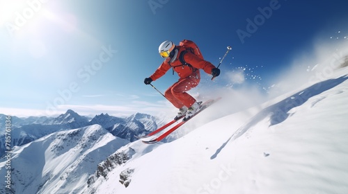 skier jumping in the snow mountains on the slope with his ski and professional equipment on a sunny day. © hamad