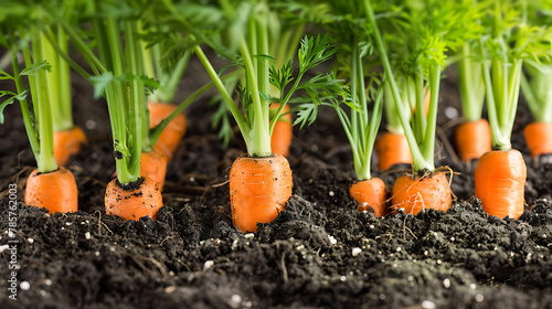 a close-up view of carrots growing in soil, with their green tops visible and the orange roots partially exposed. 