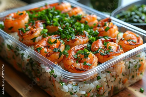 Grilled juicy shrimp on a colorful bed of rice mixed with diced vegetables presented in a clear meal prep container