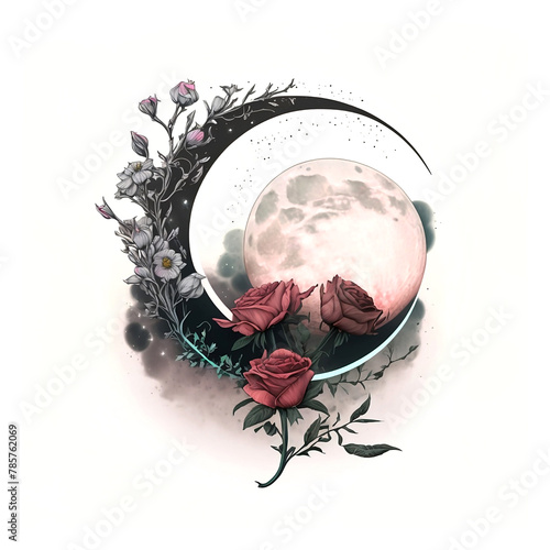 pink moon phase with red roses