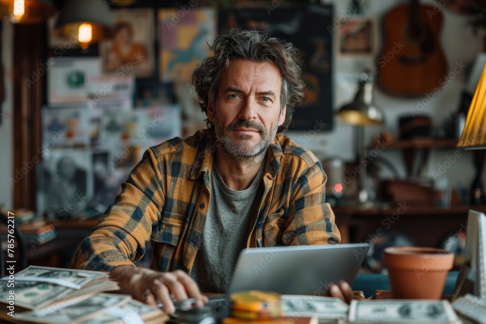 Confident middle-aged man with stubble, holding a tablet while surrounded by cash in a cozy home office setting Confident middle-aged man with stubble, holding a tablet while surrounded by cash in a cozy home office setting