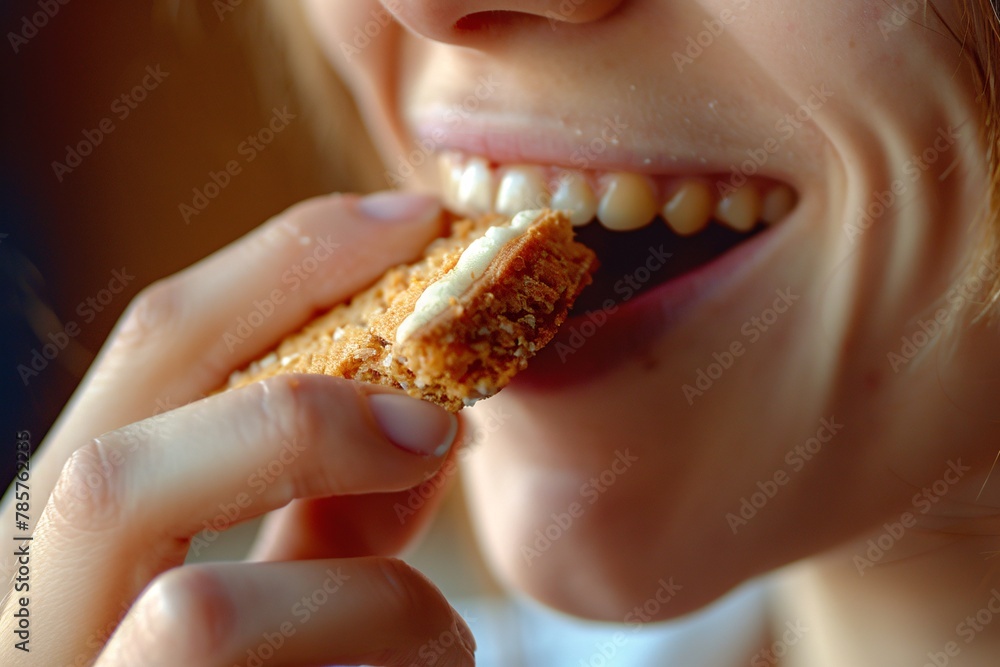 Extreme close-up of a woman nibbling on a crispy biscotti Extreme close-up of a woman nibbling on a crispy biscotti