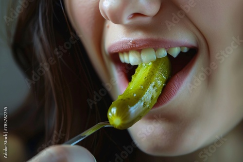 Extreme close-up of a woman munching on a tangy pickle