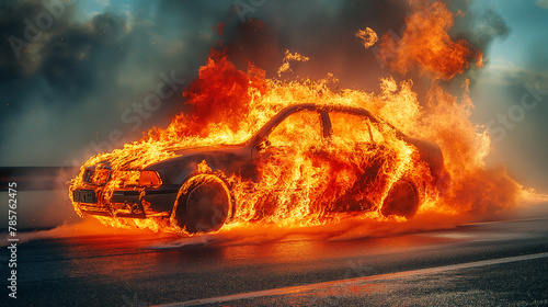A car engulfed in flame on the road 