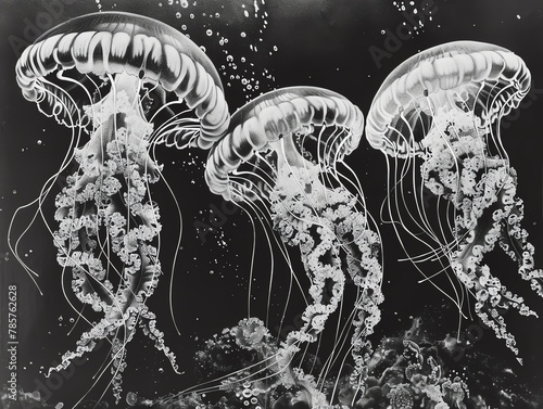 Whimsical Artistic Jellyfish Illustration in Black and white photo