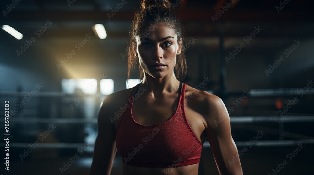 Striking image of a female boxer at work in a dimly lit gym - a vivid portrayal of determination and power.