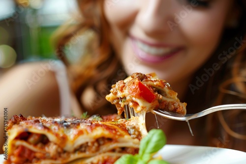 Detailed close-up of a woman relishing a forkful of savory lasagna