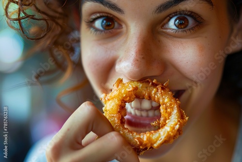 Detailed close-up of a woman munching on a crispy  golden onion ring