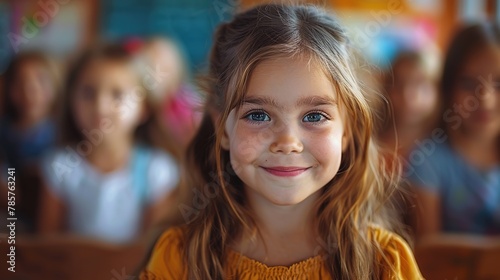 Wallpaper Mural Education and child development. The little girl smiles while sitting in a class with her teacher and fellow students Torontodigital.ca
