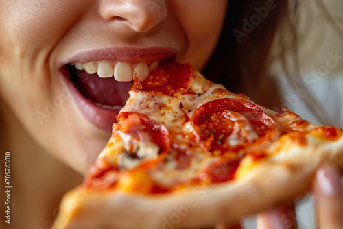 Close-up of a woman s mouth savoring a slice of pizza