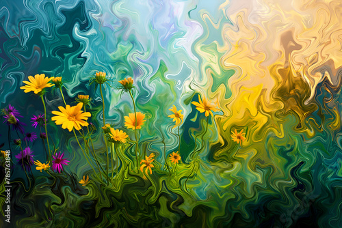 Mesmerizing digital painting of a vibrant wildflower meadow, capturing nature's floral abundance with swirling patterns and fluid brushstrokes.
