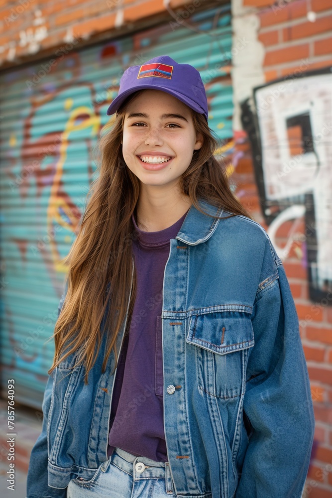 A smiling teenager girl in retro '80s clothing 06