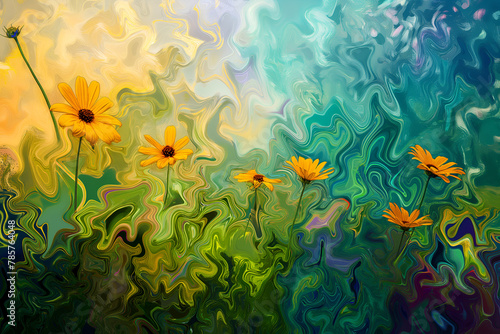 Mesmerizing digital painting of a vibrant wildflower meadow, capturing nature's floral abundance with swirling patterns and fluid brushstrokes.