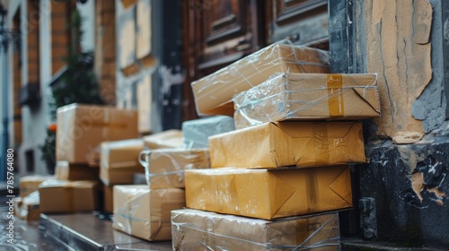 Close up of several parcels stacked neatly at a front door, a variety of sizes and shapes, delivery concept, isolate background photo