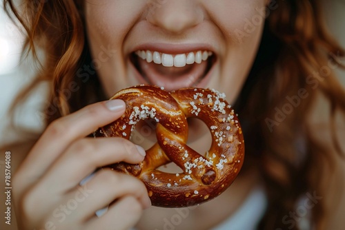 Close-up of a woman biting into a crunchy, salty pretzel