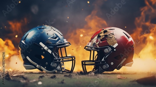 Two football helmets crashing into each other. The concept of rivalry on the field between two teams in American football. photo
