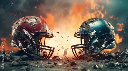 Two football helmets crashing into each other. The concept of rivalry on the field between two teams in American football. photo