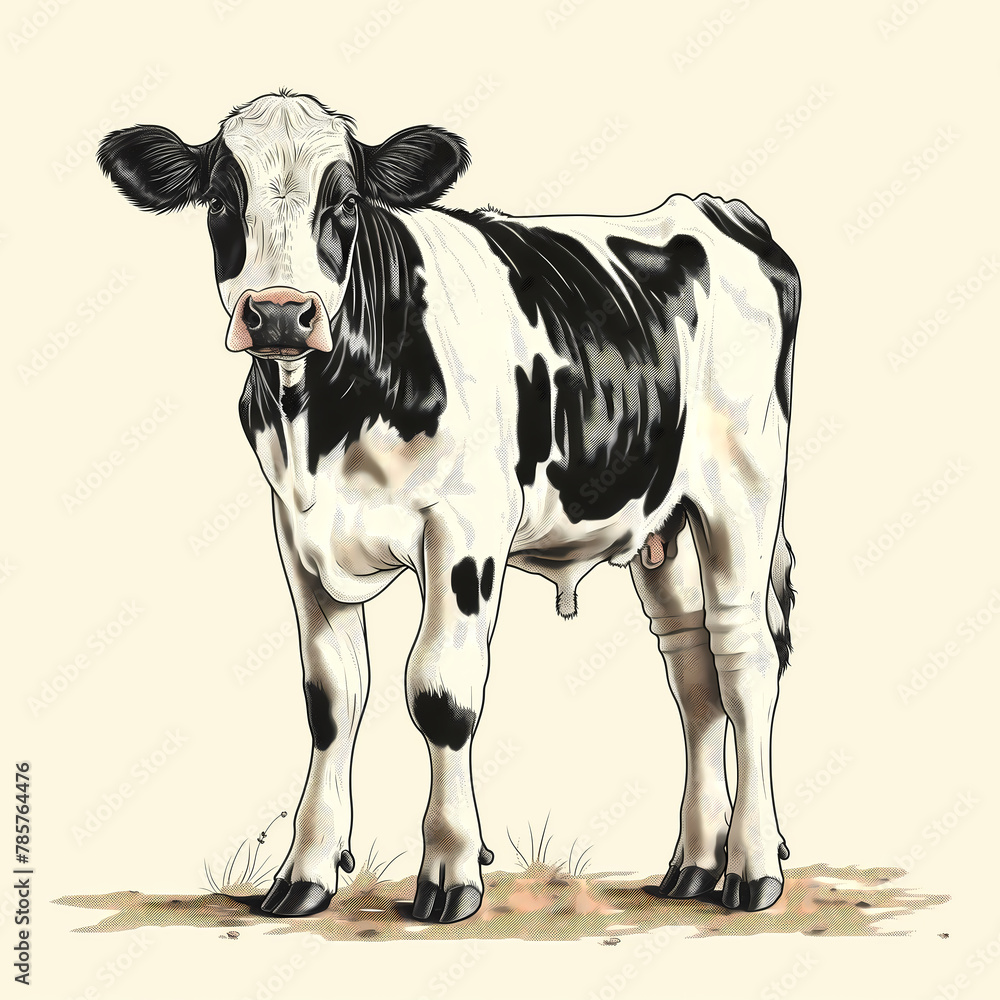 Eid al-Adha card template: Poster design featuring a cartoon cow, decorated with Islamic motifs, celebrating the Muslim holiday with an illıstration style